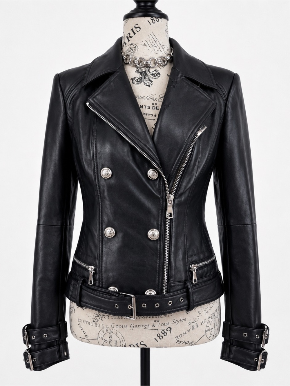 Guess Black Leather Double-Breasted Moto Jacket with Silver Hardware